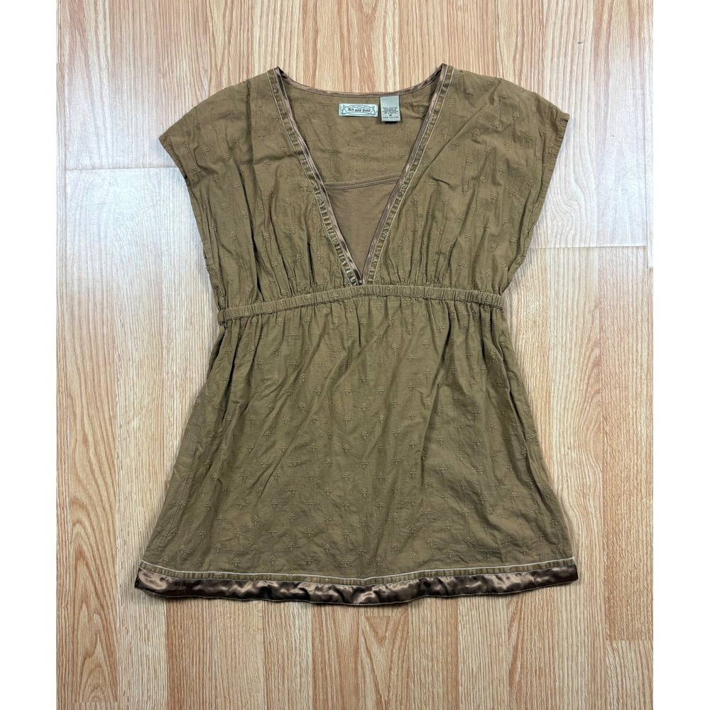Y2K Art and Soul Brown Cotton Empire Waist Tunic Top V-Neck Embroidered Medium